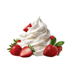 Whipped cream with fresh red strawberries and green leaves creates delicious and creamy dessert topping with vibrant colors and smooth texture
