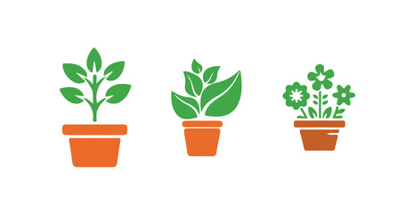 Fototapeta premium Minimal Green Leaf Plant Icons in Flower Pots Flat Vector Collection, Elegant Potted Flower Icons , vector illustration eps 10.