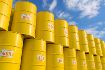 Stacked Industrial Oil Barrels Against Bright Blue Sky Representing Energy, Fuel Storage, and Petroleum Industry