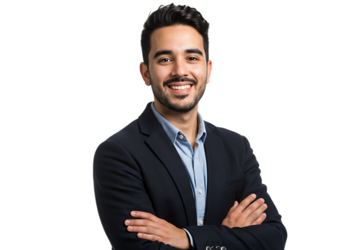 Smiling man in suit arms crossed isolated on transparent background