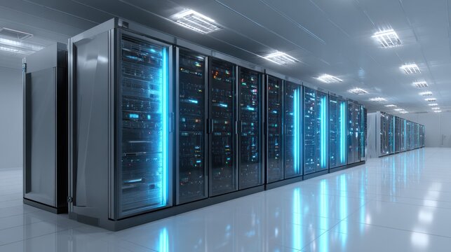 Server Room: A cutting-edge server room, featuring a sleek, modern design with rows of powerful servers emitting a cool blue glow, symbolizes data storage and technology.