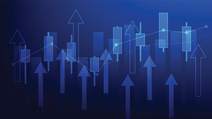 finance and business investment. stock market candlesticks chart and bar graph with arrow up on blue background. economy growth and earning increase