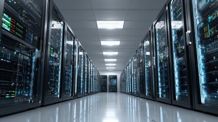 Data Center Symmetry: A modern data center, with rows of servers aligned in perfect symmetry, illuminates the digital age, showcasing technology. 