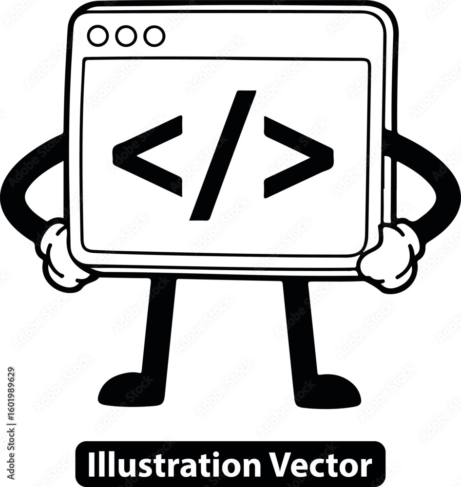 Poster web development mascot illustration. a cartoon browser window with code symbol standing proudly.