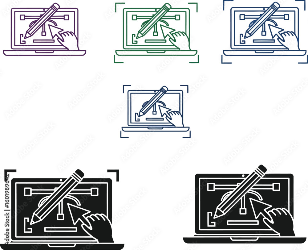 Fototapete Varied color laptop icons displaying graphic design with pencil and cursor interaction tool