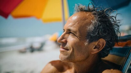 A middle-aged man with curly gray hair relaxes on a beach chair under colorful umbrellas. The ocean is visible in the background. - Powered by Adobe