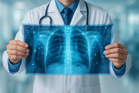 AI generated futuristic medical image showing doctor in white coat analyzing glowing digital chest xray with sci fi data overlay in a clean hospital environment