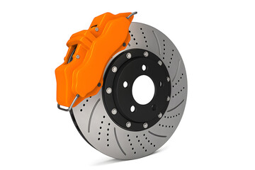 Orange Brake Caliper and Drilled Rotor on White Background Representing Automotive Performance and Brake System Technology