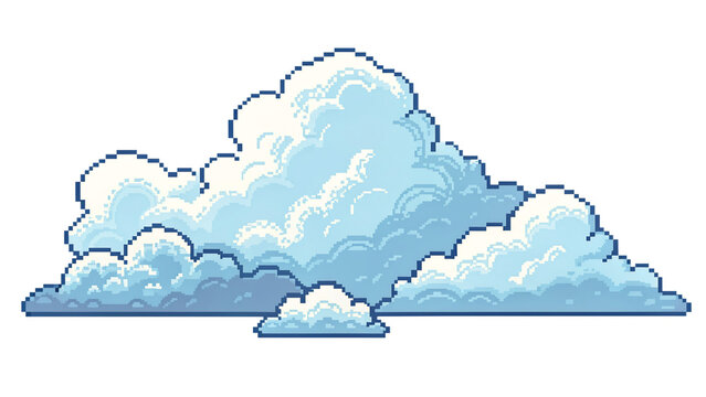 A group of fluffy pixel art clouds isolated on transparent background
