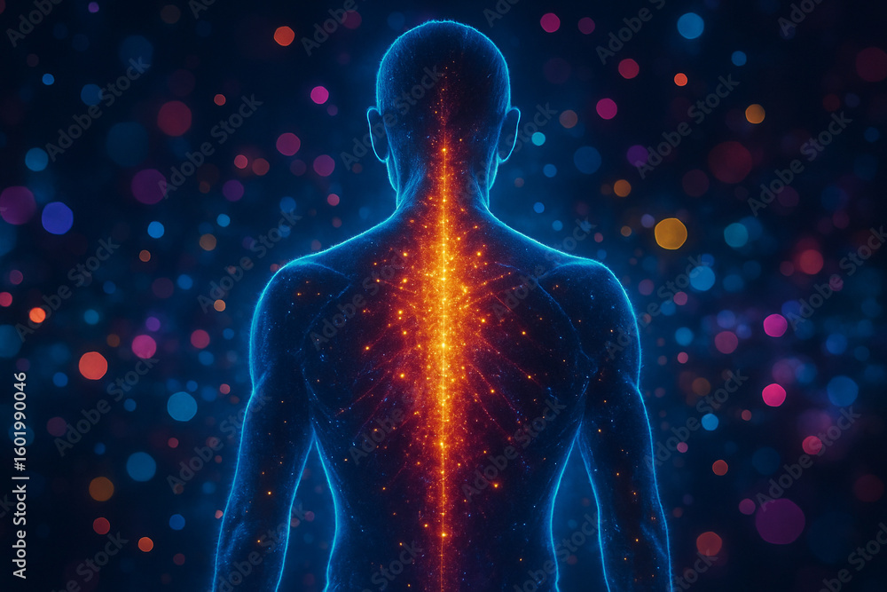 Poster ai generated glowing human body from back view shows energy streaming through spine in neon hues sur