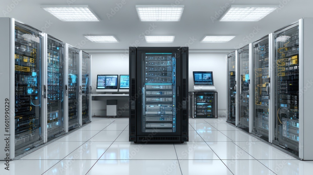Poster data center: a state-of-the-art data center, showcasing rows of advanced server racks, monitors and 