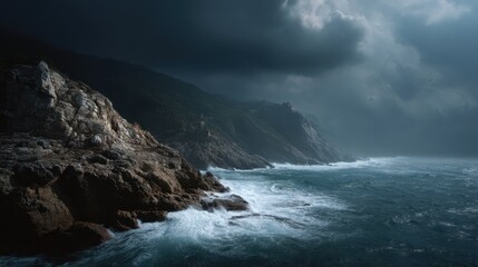 Dramatic coastal cliff with an approaching storm and atmospheric waves