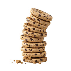 Chocolate chip cookie stack with crumbs on transparency background, delicious sweet snack for dessert or treat time enjoyment