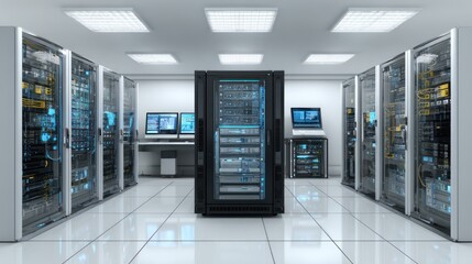 Data Center: A state-of-the-art data center, showcasing rows of advanced server racks, monitors and networking equipment, all bathed in the cool glow of technology.