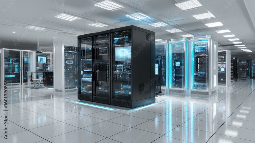 Poster server room with data: a meticulously arranged server room hums with the vital pulse of modern techn