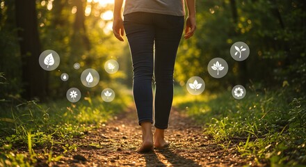 A woman walks barefoot on a forest path with digital leaf icons floating around her, symbolizing nature and environmental awareness.