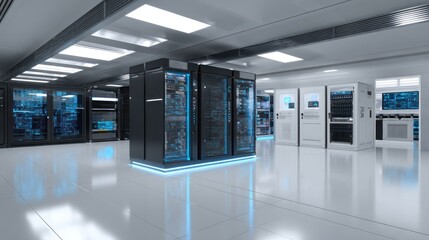 Data Center: A state-of-the-art data center hums with technological prowess, rows of servers housed in climate-controlled precision, the digital heart of modern infrastructure.