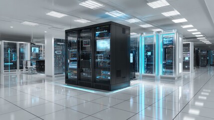 Server Room with Data: A meticulously arranged server room hums with the vital pulse of modern technology, housing data servers, the heart of digital operations.