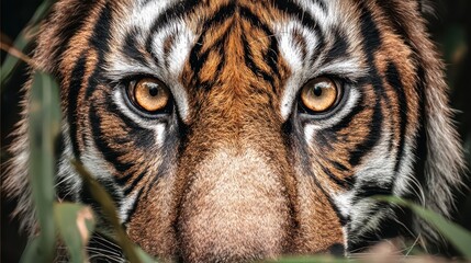 Close-up view of a tiger's intense gaze.