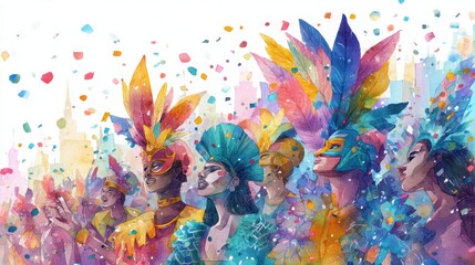 Colorful watercolor painting of diverse people celebrating with vibrant feathered costumes and masks amid confetti, evoking a festive carnival atmosphere.