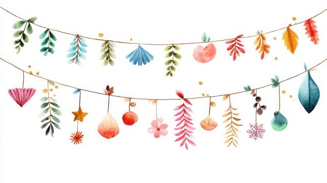 Colorful watercolor botanical garlands featuring various leaves, flowers, and fruits hanging on strings in a whimsical, artistic style.