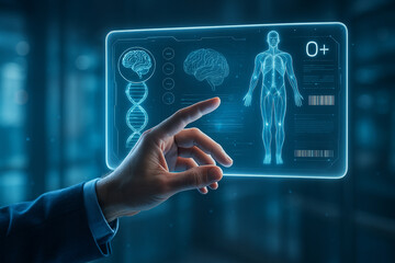 AI generated futuristic scene shows a human hand interacting with a glowing floating hologram displaying anatomical and biological data in a high tech medical interface
