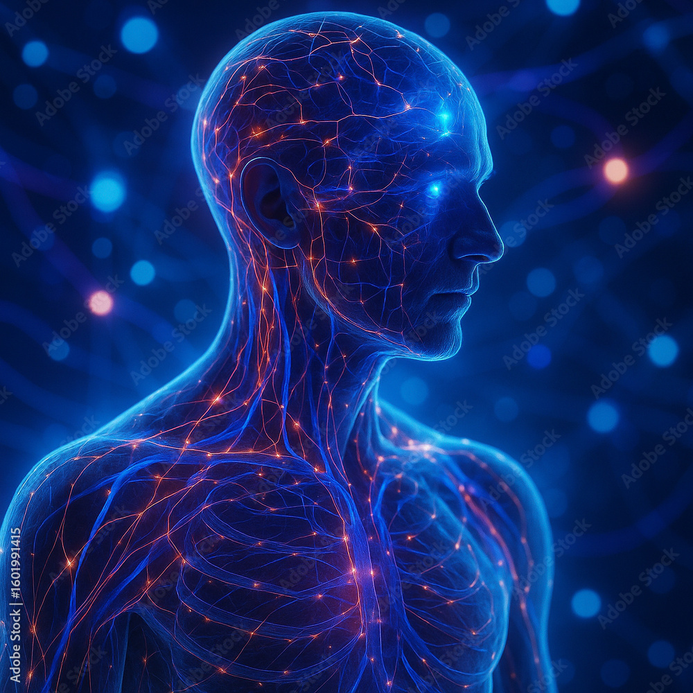 Poster ai generated a sci fi biomedical image showing a glowing human nervous system with illuminated brain