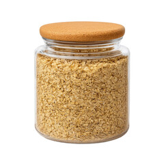 Glass jar filled with dry rolled oats with cork lid, perfect for healthy breakfast storage and natural kitchen organization