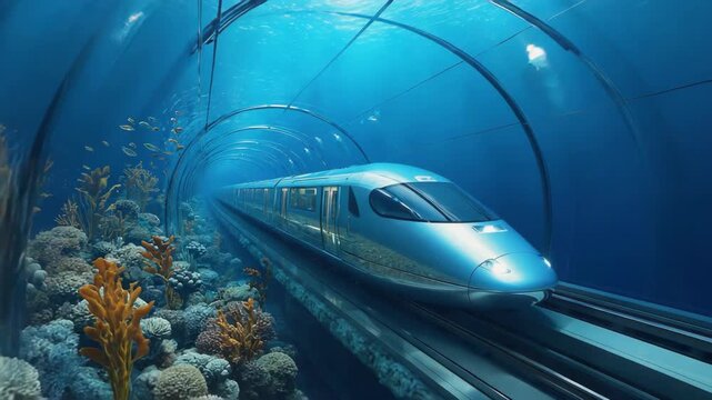 Underwater high-speed train in a transparent tunnel surrounded by colorful coral reef and tropical fish illustrating futuristic transport, marine engineering, eco-friendly technology for modern travel