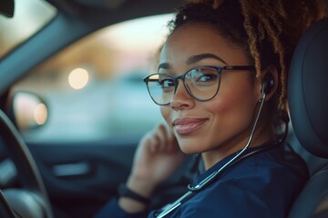Female nurse finishing her shift and getting into her car. Female doctor driving to work while managing on-call duties and making phone calls. This scene represents the work-life, Generative AI