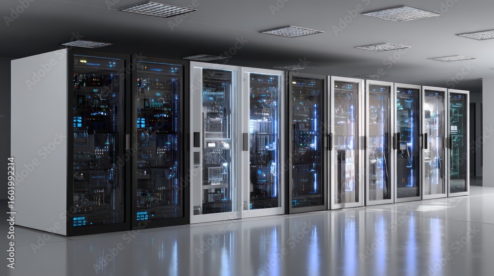 Poster digital data center: a sleek, modern data center, bathed in ambient lighting, showcasing rows of ser