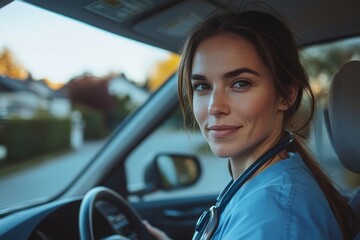 Female nurse finishing her shift and getting into her car. Female doctor driving to work while managing on-call duties and making phone calls. This scene represents the work-life, Generative AI