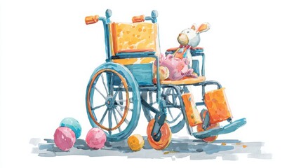 A watercolor illustration of an empty wheelchair with a stuffed bunny sitting on it, surrounded by colorful balloons on the ground.