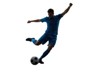 soccer player in a blue uniform kicking a ball