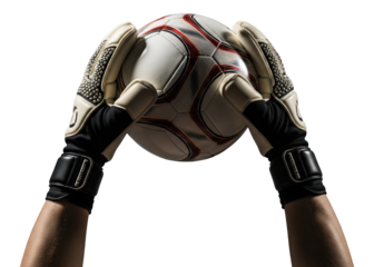 soccer goalkeeper holding up a ball after making a save