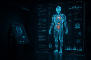 AI generated full body holographic scan with glowing organs and biometric data in futuristic medical environment