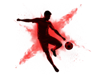 soccer player in action kicking a ball with a dynamic red powder explosion
