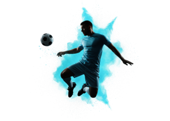 soccer player in dynamic action controlling the ball with a blue powder explosion