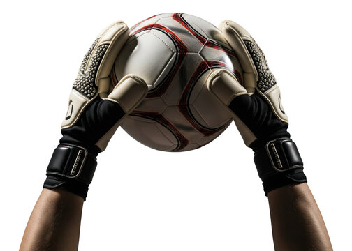 soccer goalkeeper holding up a ball after making a save