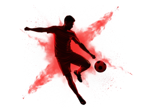 soccer player in action kicking a ball with a dynamic red powder explosion
