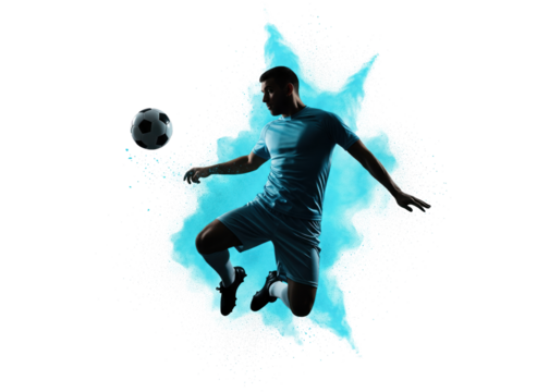 soccer player in dynamic action controlling the ball with a blue powder explosion