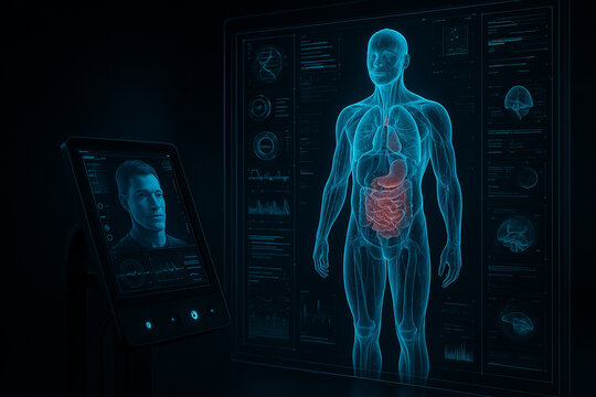 AI generated medical sci fi image showing a glowing holographic human body with internal organs and digital health data in a futuristic diagnostic environment - Powered by Adobe