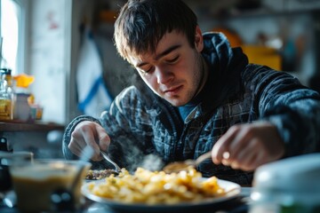 Young man with Down syndrome preparing breakfast independently in the morning. His routine highlights the skills and confidence of individuals with Down syndrome in managing daily, Generative AI