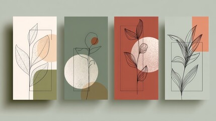 Botanical Abstract Art Collection: Four minimalist botanical art pieces with delicate line drawings of plants and leaves, combined with geometric shapes and subtle color palettes.