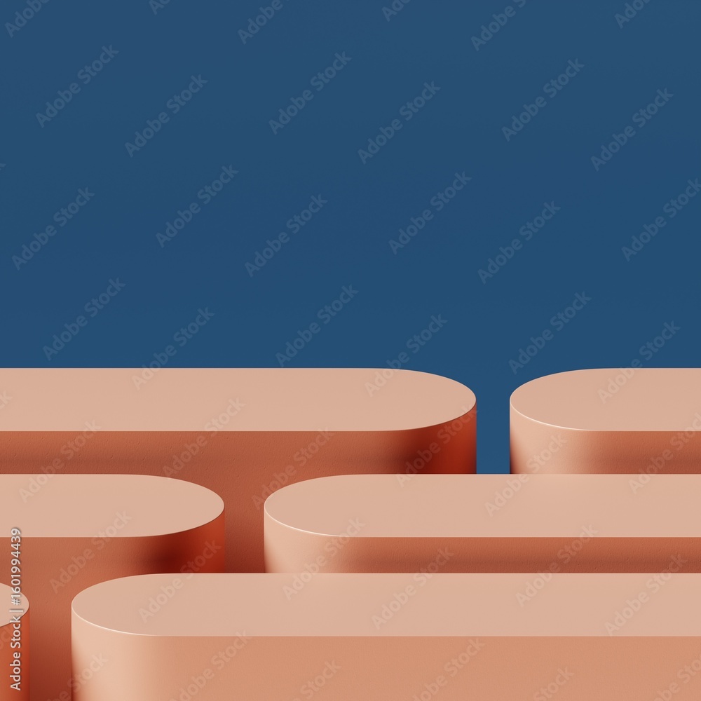 Poster modern abstract product display pedestals with rounded edges on deep blue background. 3d rendering