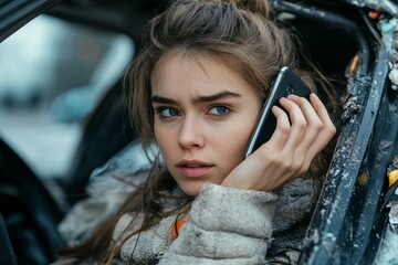 Young woman in a damaged car after an accident, making a phone call for assistance, highlighting the importance of safety and response after a crash, Generative AI