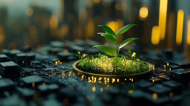 Silver coin city glowing with green growth