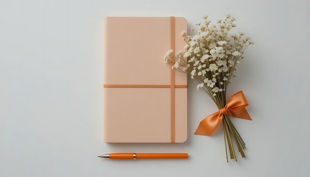 Minimalist flat lay of a closed pastel peach notebook with an elastic band, accompanied by a bouquet of delicate white flowers tied with an orange satin ribbon