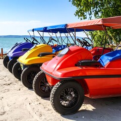 Colorful Amphibious Vehicles Parked Beach