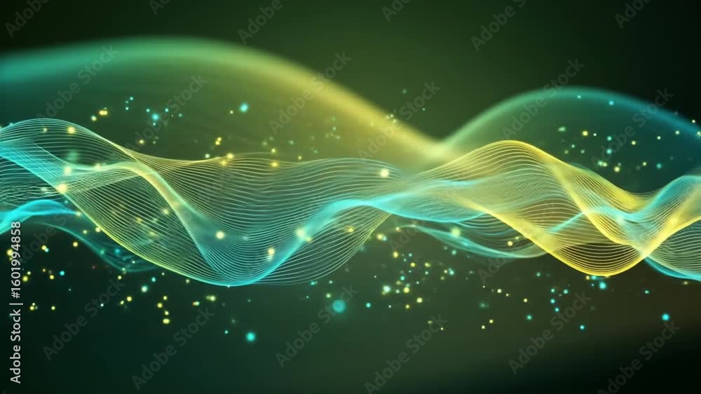 Poster abstract wave pattern with glowing lines and particles